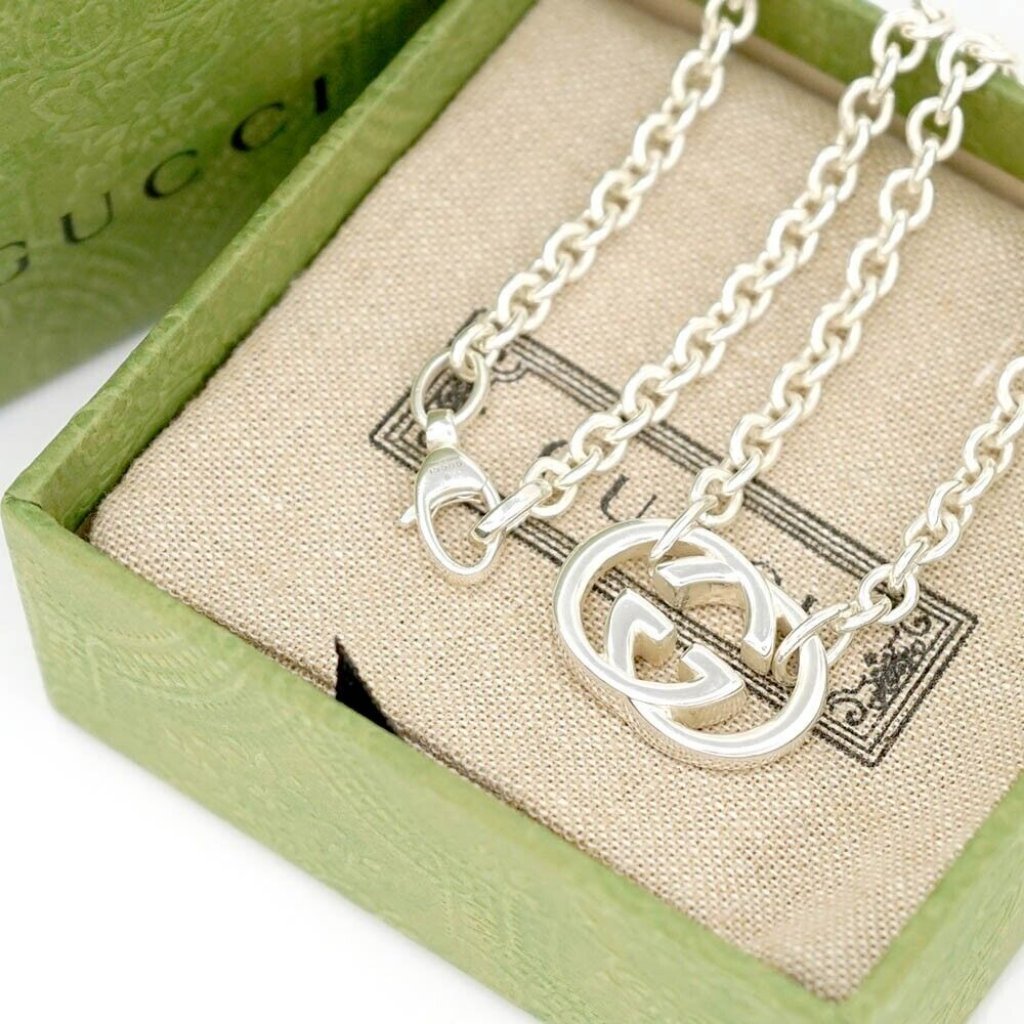 Gucci G Logos Link Chain Necklace 17" Silver 925 Auth W/Box R11212